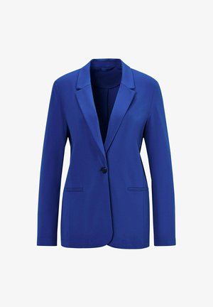 Blauwe blazer van gladde stof, met een notch-revers, enkele knoopsluiting, twee voorzakken en lange mouwen.