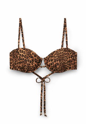 Bikinitop med leopardprint, tynde justerbare stropper, skåle med bøjle og en detalje med bindebånd foran med hængende ender.