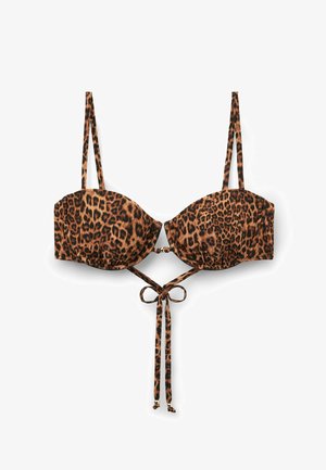 Bikinitop med leopardprint, tynde justerbare stropper, skåle med bøjle og en detalje med bindebånd foran med hængende ender.