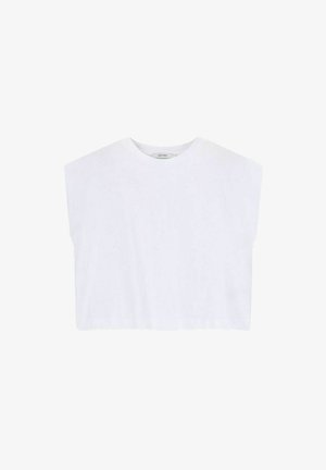 White cropped t-shirt with wide shoulder design. Made from soft cotton. Features a round neckline and a smooth texture. No visible patterns or accents.