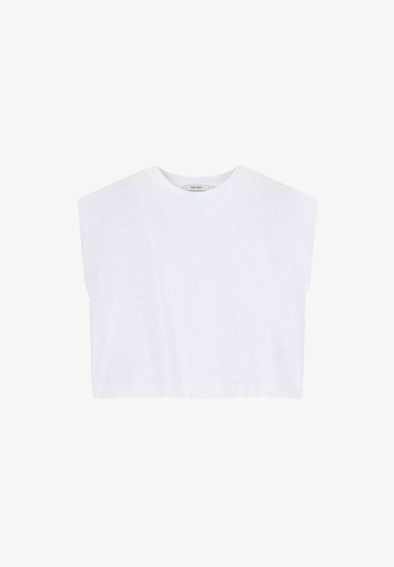 Witte cropped t-shirt met een breed schouderontwerp. Gemaakt van zachte katoen. Beschikt over een ronde halslijn en een gladde textuur. Geen zichtbare patronen of accenten.