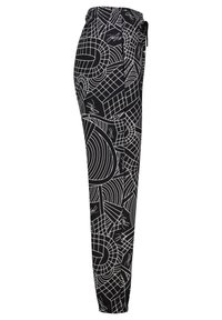 Zwarte joggingbroek met een geometrisch wit patroon van lijnen en rasters. Elastiche tailleband met een koord voor een verstelbare fit.