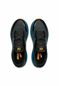 Melni un zili skriešanas apavi ar sieta virsu, apaļu purngalu, plakaniem saitēm un oranžiem logotipa akcentiem. Viegls dizains ar amortizētu zoli.