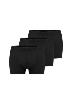 Drei schwarze Herren-Boxershorts diagonal gestapelt, zeigen elastische Bund und vordere Konturstiche.