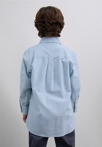 Vaaleansininen raidallinen pitkähihainen paita, jossa on nappikiinnitteinen kaulus ja säädettävät kalvosimet. Paidassa on pyöristetty helma ja takana vaateosa.