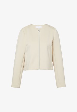 Cream-colored, long-sleeve jacket with a front zipper and round neckline, featuring a clean, minimalist design.
