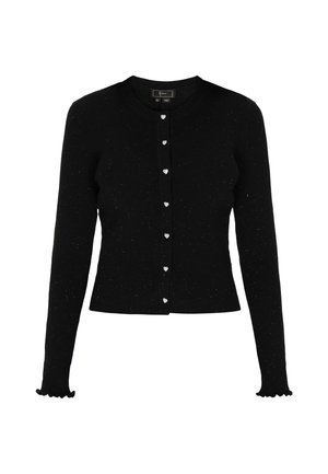 Černý pletený kardigán s dlouhými rukávy, žebrovanou strukturou a knoflíky ve tvaru srdce. Má vykrojené lemy a přiléhavý střih.