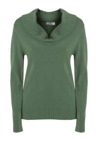 Grüner Pullover mit einem breiten, gerippten Schalkragen. Lange Ärmel und ein gerippter Saum. Hergestellt aus einem weichen Stoff mit glatter Textur.