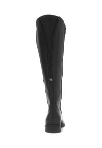 Schwarze Lederstiefel bis zum Knie mit einem durchgehenden Reißverschluss auf der Rückseite, runder Zehenform und niedrigem Blockabsatz. Glatte Textur, schlankes Design.