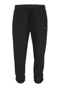Zwarte joggingbroek van zacht materiaal, met een elastische tailleband met trekkoord, omgeslagen enkels en een klein logo aan de zijkant.