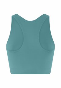 Mėlyna vientisa sportinė liemenėlė su platiais petnešėliais ir tvirtu pritaikymu, matoma iš nugaros.