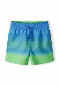 Baddräktshorts i blå och grön gradient med horisontella ränder, elastisk midja och snörning. Lättvikts- och snabbtorkande tyg.