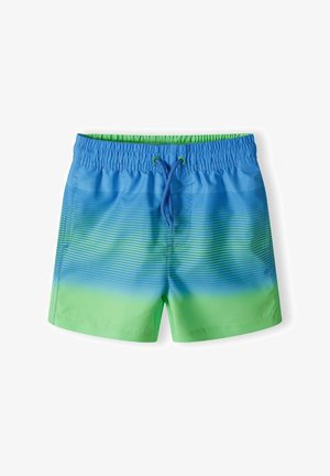 Kupaci šortsi s plavim i zelenim gradijentom, horizontalnim prugama, elastičnim pojasom i vezicom. Lagana, brzo sušeća tkanina.