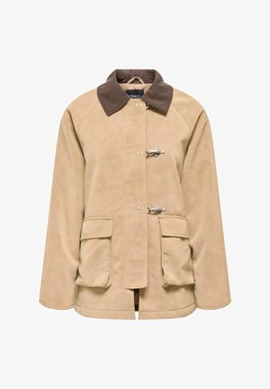 Bēša jaka ar brūnu kordurojas apkakli, divām priekšējām kabatām ar atlokiem un diviem sudraba krāsas sprādzēm priekšējā aizdari.