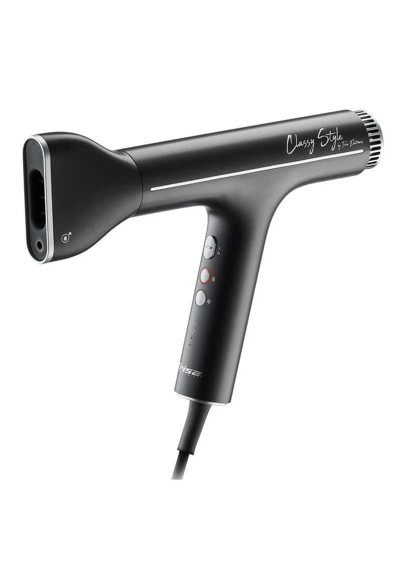 Schwarzer Handdampfer mit einem eleganten, ergonomischen Design, ausgestattet mit einem strukturierten Griff, Knopfsteuerungen und einer schlanken Düse für präzises Dampfen.