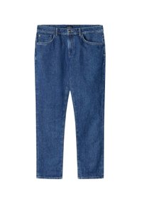 Pantalones de mezclilla azul con un diseño de pierna recta, que cuentan con presillas para cinturón, bolsillos frontales y un cierre de cremallera. Textura lisa sin patrones.