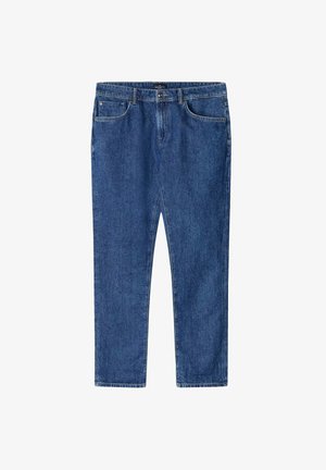 Niebieskie dżinsy o prostym kroju, z pętelkami na pasek, kieszeniami z przodu i zamkiem błyskawicznym. Gładka tekstura bez wzorów.