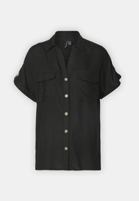 Black short-sleeve button-up shirt made of smooth fabric, featuring two chest pockets and metallic buttons, with rolled sleeves.