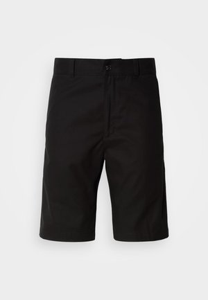 Sorte shorts laget av solid stoff, med rett snitt, knappelukking og en jevn tekstur uten synlige mønstre.