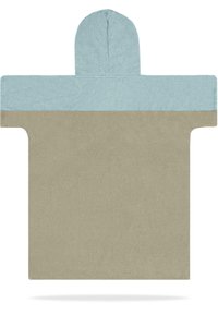Hooded Poncho aus hellblauem und beigem Frottee-Material, mit rechteckiger Form, einer zentralen Kapuze und lockeren Ärmeln.