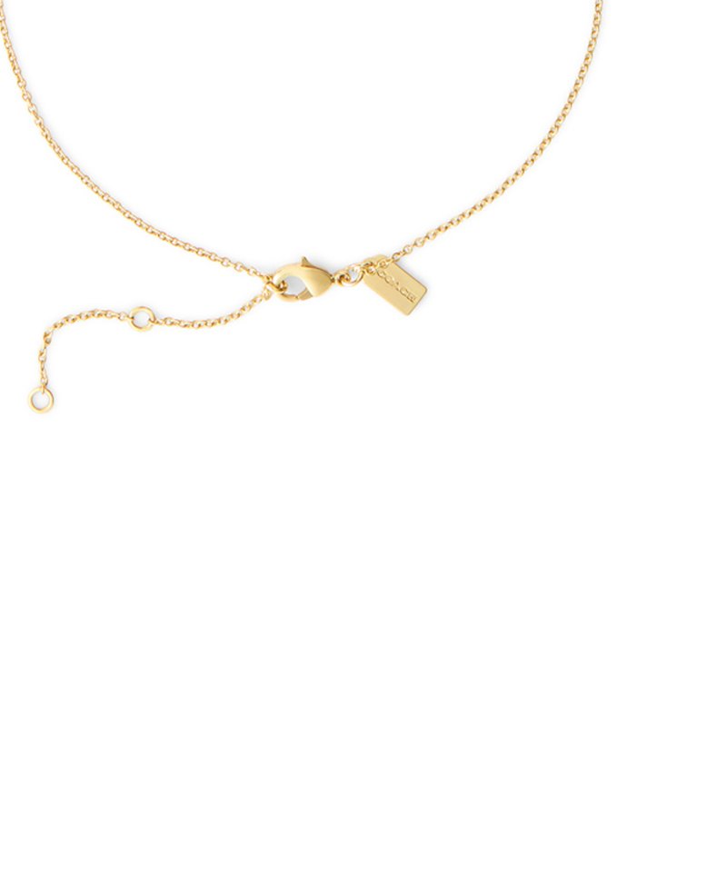 Delicata collana a catena in oro con chiusura a moschettone e piccolo targhetta rettangolare su sfondo bianco.