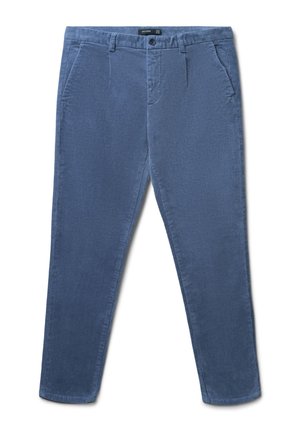 Chino-Hosen in einfarbigem Blau, aus Baumwollstoff gefertigt. Verfügen über schräg geschnittene Vordertaschen und ein gerades Bein mit sauberem Saum.