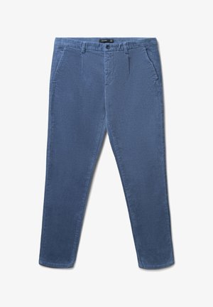 Chino-Hosen in einfarbigem Blau, aus Baumwollstoff gefertigt. Verfügen über schräg geschnittene Vordertaschen und ein gerades Bein mit sauberem Saum.