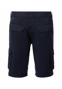 Marineblauwe cargoshorts met ceintuurlussen, twee achterzakken met klep en zij cargo pockets, getoond vanaf de achterkant op een witte achtergrond.