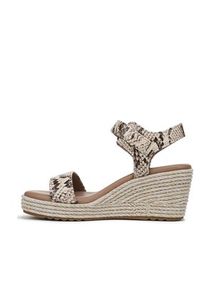 Wedge sandals with a snake-print pattern, beige color, adjustable ankle strap, and jute-wrapped wedge heel. Textured sole for grip.