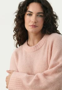 Pull tricoté rose clair avec un col rond côtelé et des manches longues. Texture douce avec une coupe décontractée, présentant un motif chiné subtil.