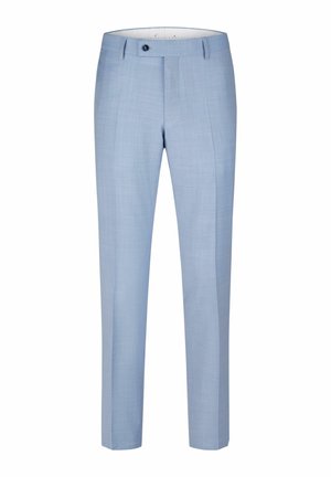 Light blue tailored men's dress trousers with belt loops, front button, and straight-leg fit.