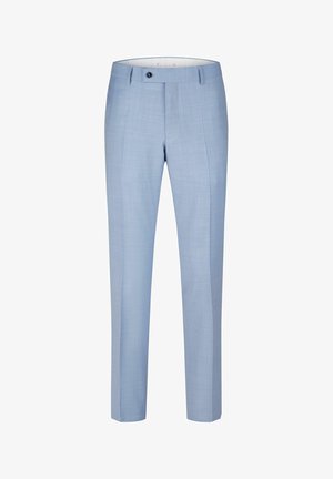 Light blue tailored men's dress trousers with belt loops, front button, and straight-leg fit.