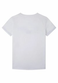 Camiseta blanca de manga corta con un escote redondo, hecha de un tejido de algodón suave, con costuras limpias y sin gráficos o patrones visibles.