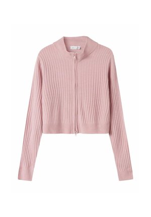 Cardigan rosa a coste con colletto alto, lunghezza cropped e chiusura a zip. Presenta maniche lunghe e tessuto testurizzato.