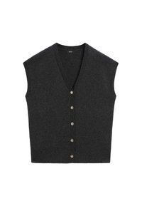 Cardigan senza maniche grigio scuro con scollo a V, caratterizzato da sette bottoni rotondi e finiture a costine lungo il collo e la parte anteriore.
