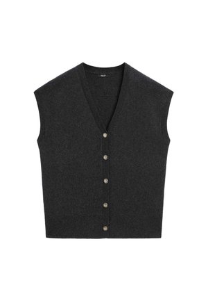 Cardigan senza maniche grigio scuro con scollo a V, caratterizzato da sette bottoni rotondi e finiture a costine lungo il collo e la parte anteriore.