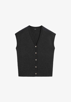 Mörkgrå ärmlös cardigan med V-hals, försedd med sju runda knappar och ribbat kantband längs halsringning och framplacket.
