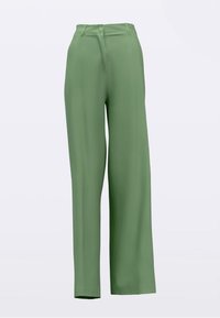 Nohavice so širokými nohavicami v olivovej zelenej farbe, vyrobené z hladkej tkaniny, s opaskom na gombíky a predným zipsom na zapínanie.