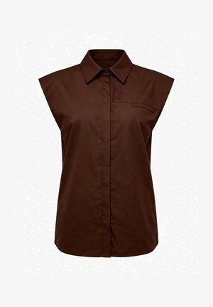 Camicia senza maniche marrone scuro con colletto, patta frontale con bottoni, piccola tasca sul petto e dettaglio sottile di stella ricamata vicino al colletto.