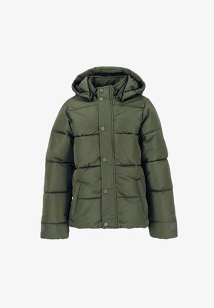 Olivengrüne Pufferjacke mit Kapuze. Verfügt über Druckknopfverschlüsse, Seitentaschen und ein gestepptes Design zur Isolierung. Sanfte Textur.