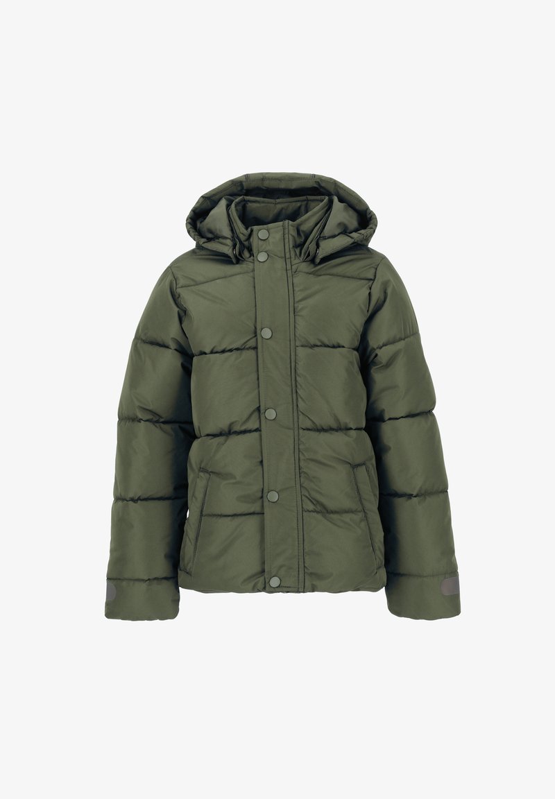 Olivengrüne Pufferjacke mit Kapuze. Verfügt über Druckknopfverschlüsse, Seitentaschen und ein gestepptes Design zur Isolierung. Sanfte Textur.