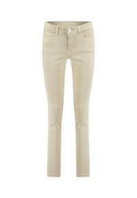 Pantalones vaqueros skinny beige, fabricados en denim, con un clásico diseño de cinco bolsillos, cierre frontal de botón y detalles de costura mínimos.