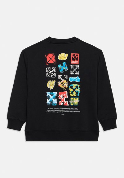 Μαύρο φούτερ με πολύχρωμα, καλλιτεχνικά λογότυπα και σύμβολα της μάρκας Off-White, διατεταγμένα σε πίνακα στην πλάτη.