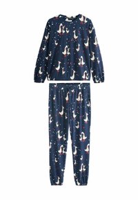Navy pajama set featuring a repeated duck pattern in white and red accents. Material appears soft with elastic cuffs and waistband.
