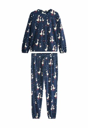 Navy pajama set featuring a repeated duck pattern in white and red accents. Material appears soft with elastic cuffs and waistband.