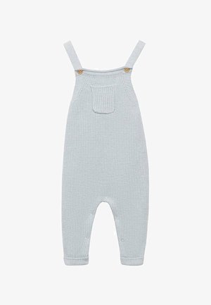 Light blue knitted overall with adjustable straps, wooden buttons, a front pocket, and cuffed ankles. Made of textured fabric.