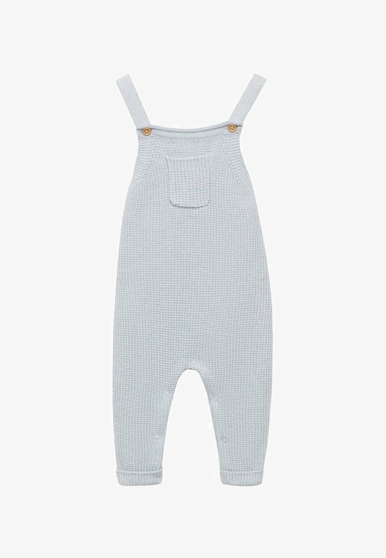 Light blue knitted overall with adjustable straps, wooden buttons, a front pocket, and cuffed ankles. Made of textured fabric.