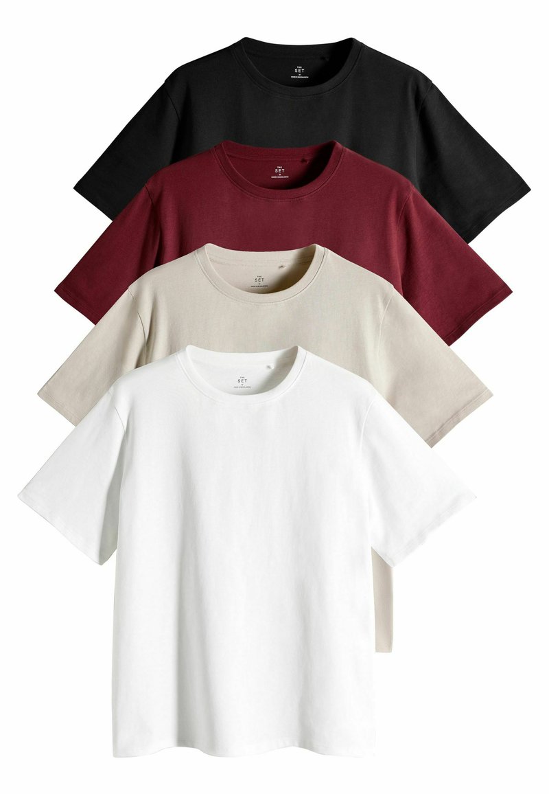 Set av fyra kortärmade t-shirtar i svart, vinröd, beige och vit. Tillverkade av mjuk bomull med klassisk rundad halsdesign.