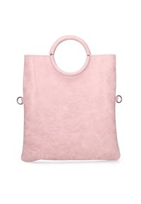 Roze nepleer tote bag met ronde handgreep, gladde textuur en zijkringen voor optionele schouderbanden. Eenvoudige rechthoekige vorm, minimalistisch ontwerp.
