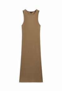 Robe midi côtelée sans manches de couleur marron clair, avec une silhouette ajustée et un col rond. Tissu lisse avec élasticité.